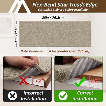 COSY HOMEER Bullnose Carpet Stair Treads, Peel and Stick Non-Slip Stair Treads for Wooden Steps, 11" x 30" Indoor Stair-Runner Rugs (4Pc, Gray)