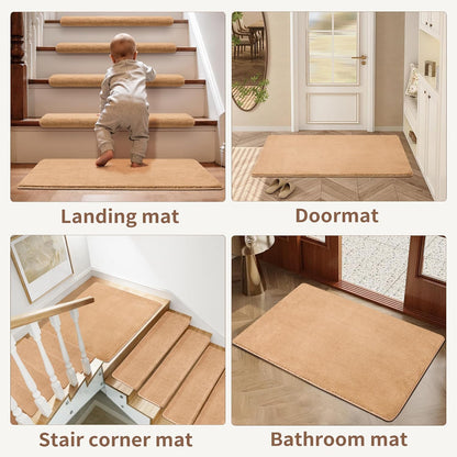 Bullnose Stair Treads Non Slip 9.5" x 32", 14 Pcs Ultra Plush Carpet Stair Treads for Wooden Steps Indoor with Edge Protection, Reusable Peel and Stick TPU Backing Stair Runner Rugs - Beige Gray