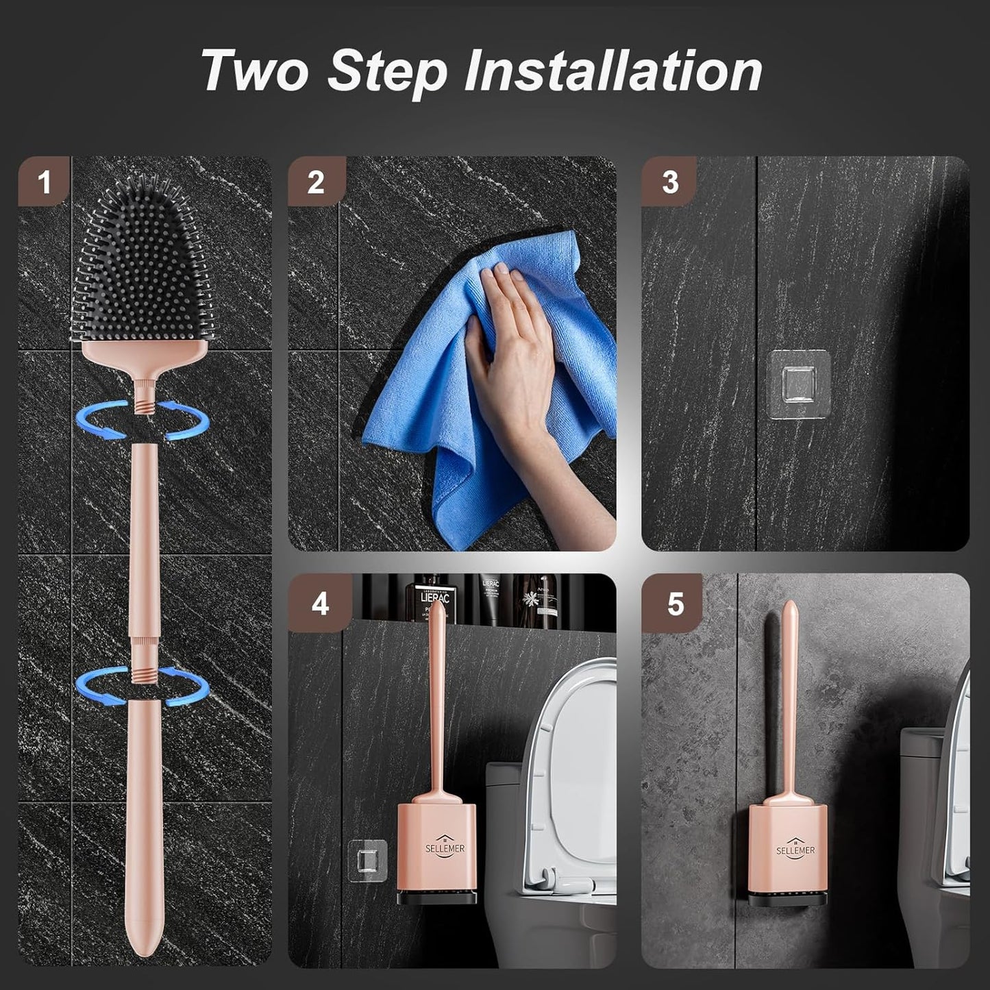 Sellemer Toilet Brush and Holder Set - Flexible Toilet Bowl Brush Head with Silicone Bristles, Compact Size for Storage and Organization, Ventilation Slots Base (1 Pack, Silver)