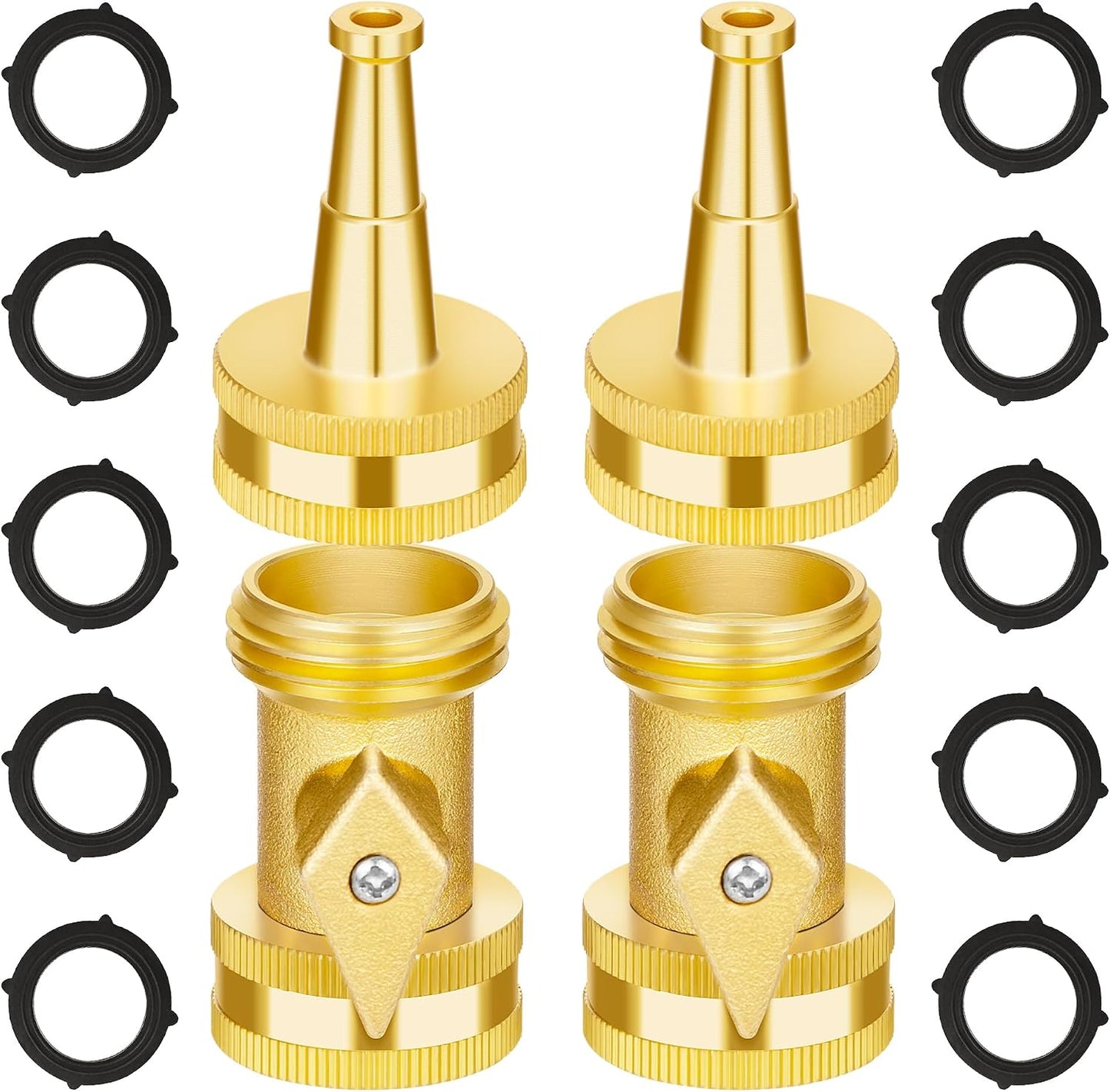 AUTOMAN Brass Hose Nozzle - High Pressure Jet Nozzle 4 Count (2 Set), Heavy Duty Water Hose Sprayer Sweeper with Hose Shutoff Valve, 3/4” GHT Nozzles for Garden Hose, Car Wash, Extra 10 Rubber Washers
