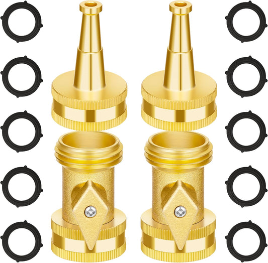 AUTOMAN Brass Hose Nozzle - High Pressure Jet Nozzle 4 Count (2 Set), Heavy Duty Water Hose Sprayer Sweeper with Hose Shutoff Valve, 3/4” GHT Nozzles for Garden Hose, Car Wash, Extra 10 Rubber Washers
