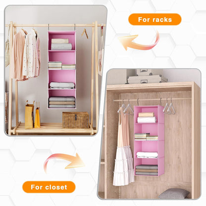 Hanging Closet Organizer 3-Shelf, Oxford Fabric Wardrobe Storage, Gray | Easy-mount foldable design holds clothes, handbags, shoes & accessories; washable Oxford fabric, sturdy and space-saving.