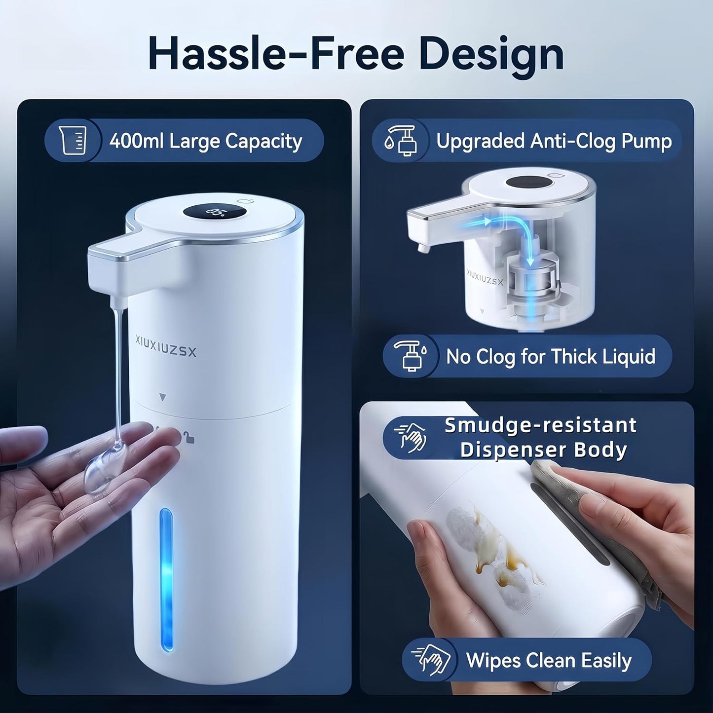 Automatic Foaming Soap Dispenser Touchless Upgrade Pump Uneasy Plugging Wall Mounted USB Rechargeable, 4-Level Adjustable 13.52oz Modern Electric Hand Soap Dispenser Kitchen Bathroom Kids Family White