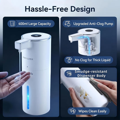Automatic Foaming Soap Dispenser Touchless Upgrade Pump Uneasy Plugging Wall Mounted USB Rechargeable, 4-Level Adjustable 13.52oz Modern Electric Hand Soap Dispenser Kitchen Bathroom Kids Family White