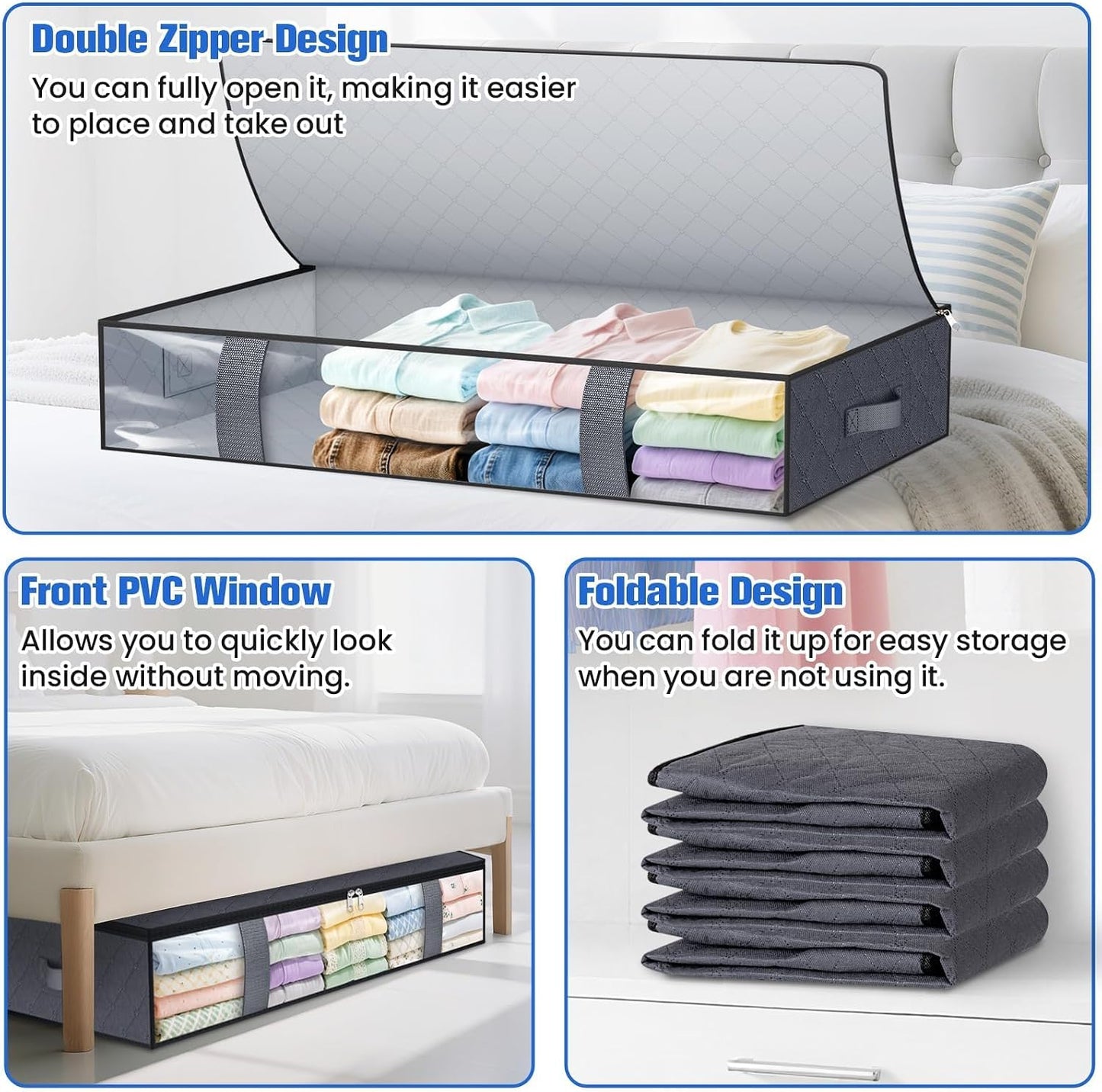 TasticTotes Under Bed Storage Containers, 4 Pack Blanket Storage Bags, Collapsible Storage Bags with Big Zippers, Clear Front, Shoe Storage and Organization for Clothes, Comforter, 60L, Grey