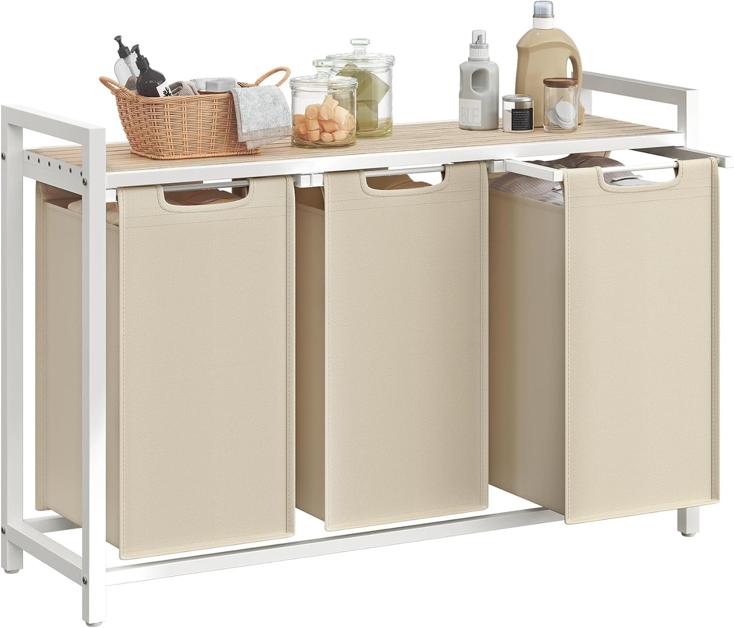 VASAGLE Laundry Hamper, Laundry Basket Sorter with 3 Pull-Out and Removable Bags, Shelf, Metal Frame, 3 x 10.6 Gallons (40 L), 36.4 x 13 x 28.4 Inches, Cappuccino Beige and Natural Beige UBLH301LH01