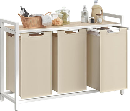 VASAGLE Laundry Hamper, Laundry Basket Sorter with 3 Pull-Out and Removable Bags, Shelf, Metal Frame, 3 x 10.6 Gallons (40 L), 36.4 x 13 x 28.4 Inches, Cappuccino Beige and Natural Beige UBLH301LH01
