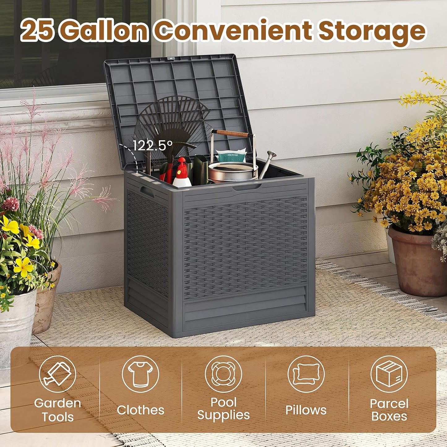Tangkula 25 Gallon Waterproof Outdoor Storage Box with Lockable Lid | PP Resin, Wicker Patterned, Indoor Outdoor Use, Portable, Versatility, for Deck, Pool, Patio Cushions, Garden Tools