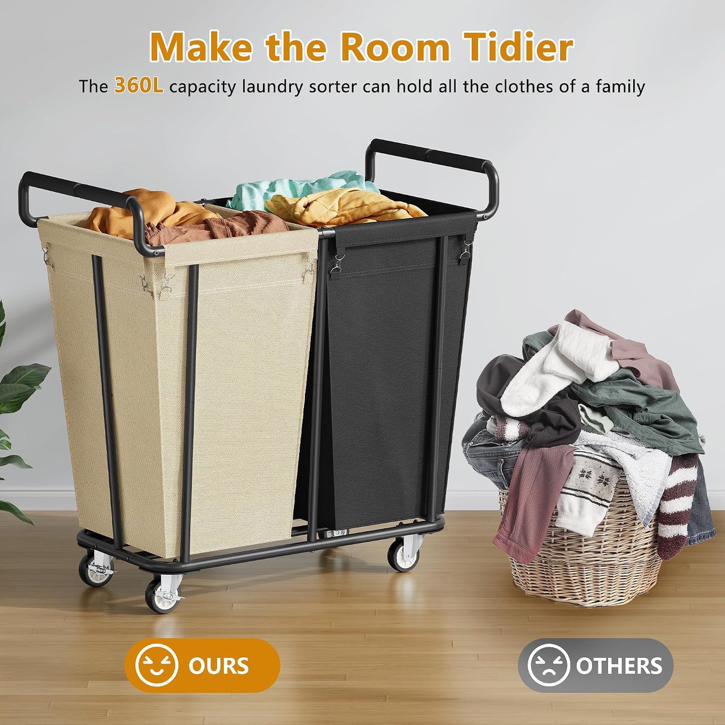 Gewudraw Large laundry hamper with Wheels, 3 Bag Big Rolling Laundry Hamper Sorter Cart, Extra Large Laundry Clothes Hamper, Heavy Duty Laundry Basket Organizer for Laundry Room,Bathroom,Black