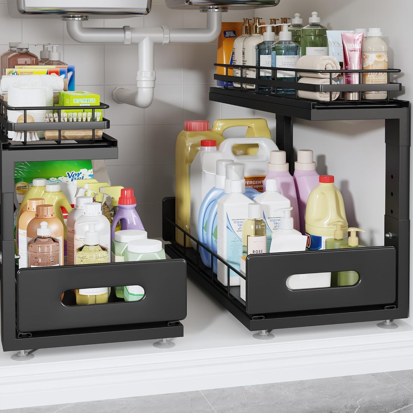 Under Sink Organizer Upgrade To Professional Rails,2-Tier Dual Pull Out Cabinet Storage,Height Adjustable Slide Out Drawers For Bathroom Kitchen,2 Pack-14.5" Dx12.8-16.9" H,White