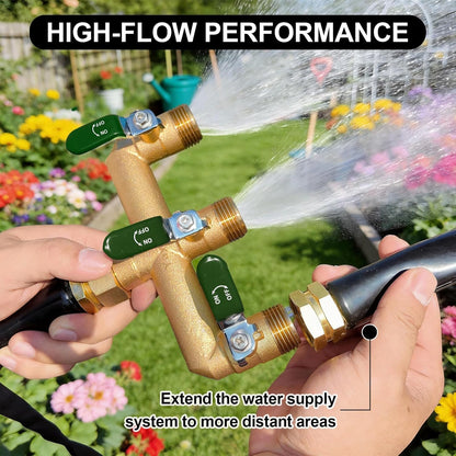 Garden Hose Splitter, 3/4” Rust and Freeze Resistant Outdoor Hose Manifold with 2 Green Extra Long Handles Faucet Adapter-Heavy Duty Brass 2-Way Valve