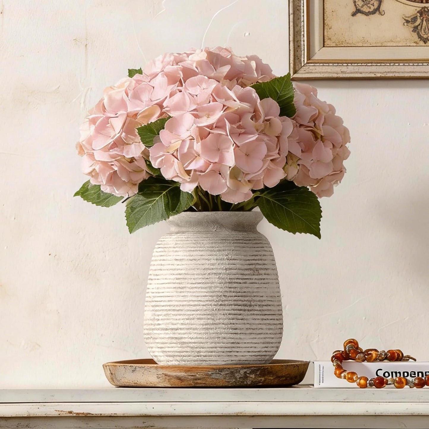 Ceramic Flower Vase, Small Rustic Farmhouse Vases Home Decor, Short Pottery Decorative Pampas Vase for Table Living Room Entryway Mantel Bookshelf Bedroom Bathroom Kitchen - 6" W