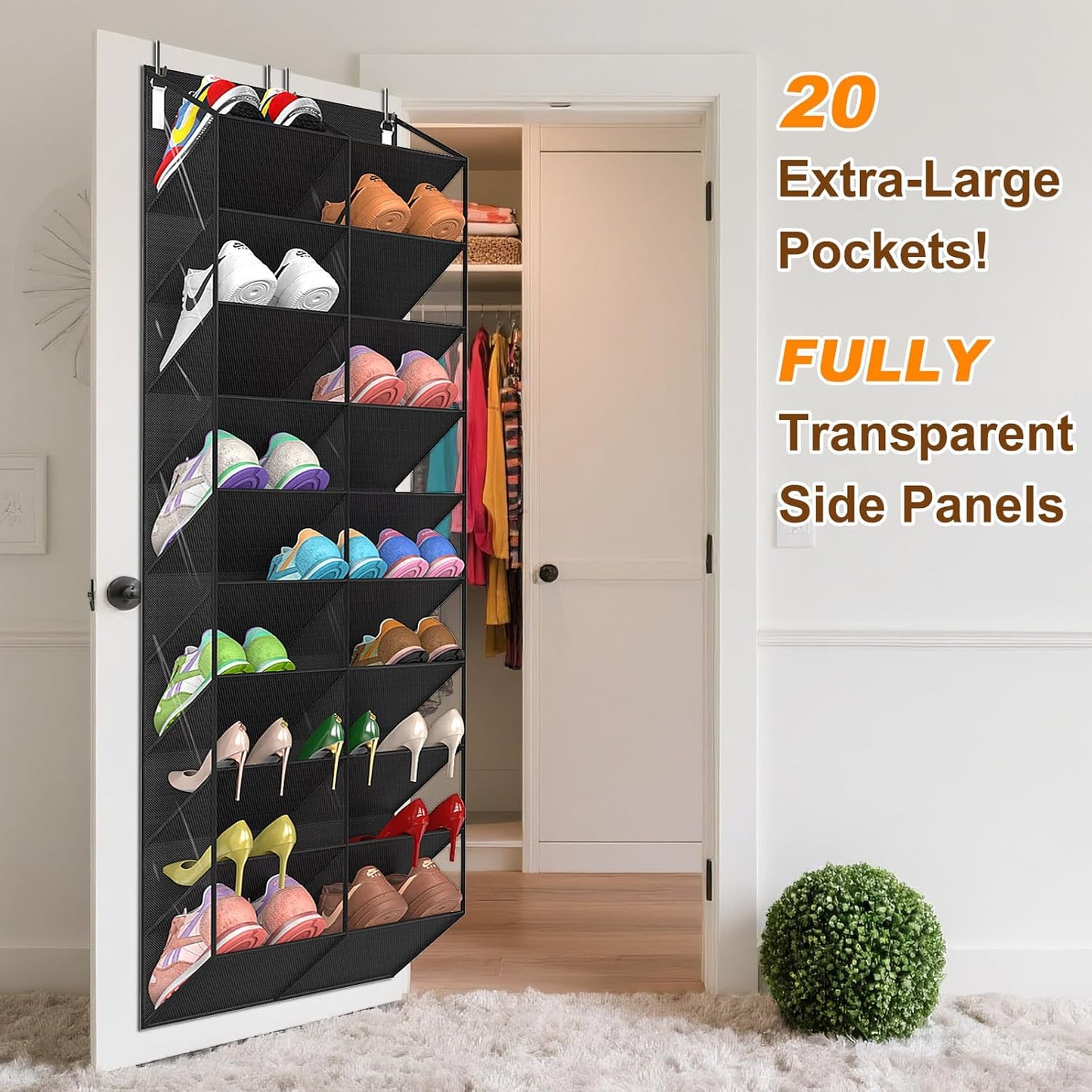 UVIAHOMI 20-30 Pairs Over the Door Shoe Organizer, Clear Pockets Hanging Shoe Storage for Closet, 10-Tier Door Shoes Rack, Handing Shoes Holder Fit All the Family's Sneakers, Boots, Heels, White