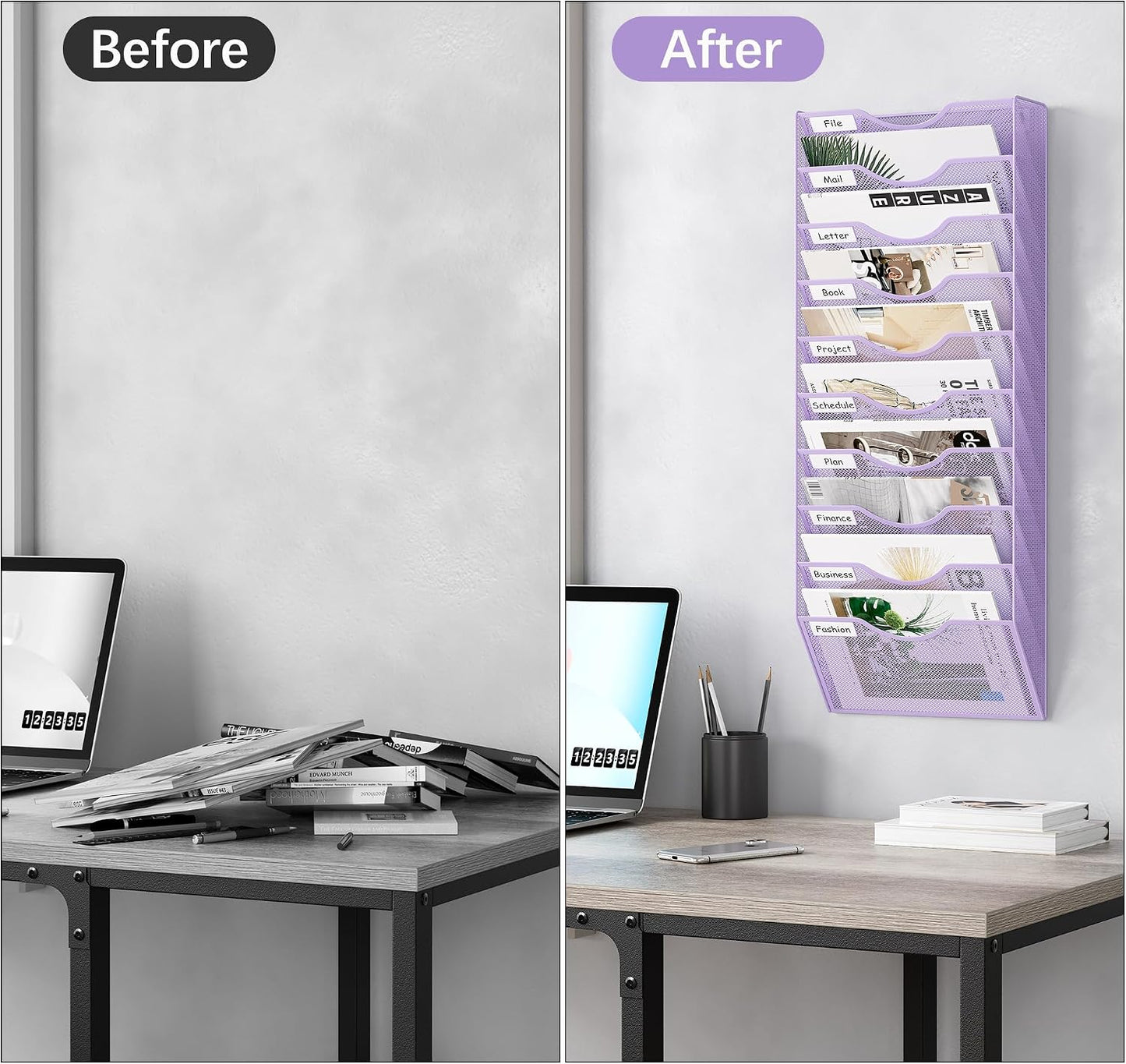 EasyPAG 5 Pocket Mesh Wall File Organizer with Key Hooks, Hanging Paper Folder Holder with Classify Label, Vertical Wall Mount Mail Organizer for Office Home Classroom, Black