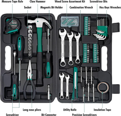 CARTMAN 148-Piece Automotive And Household Tool Set, Blue Repair Kit Case | Versatile tool assortment for car maintenance, home repairs, DIY projects, furniture setup, and daily fixes in a molded case.
