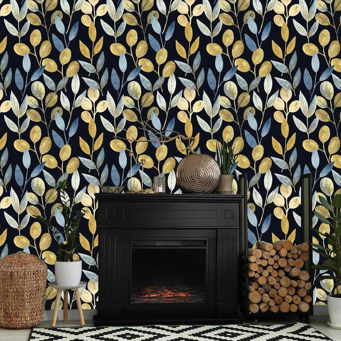 Blue Gold Leaf Peel and Stick Wallpaper Modern Self Adhesive Contact Paper Waterproof Removable Wall Paper for Bathroom Living Room 17.7"x70.8" Luxury Decorative Wallpaper