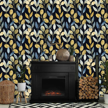 Blue Gold Leaf Peel and Stick Wallpaper Modern Self Adhesive Contact Paper Waterproof Removable Wall Paper for Bathroom Living Room 17.7"x70.8" Luxury Decorative Wallpaper