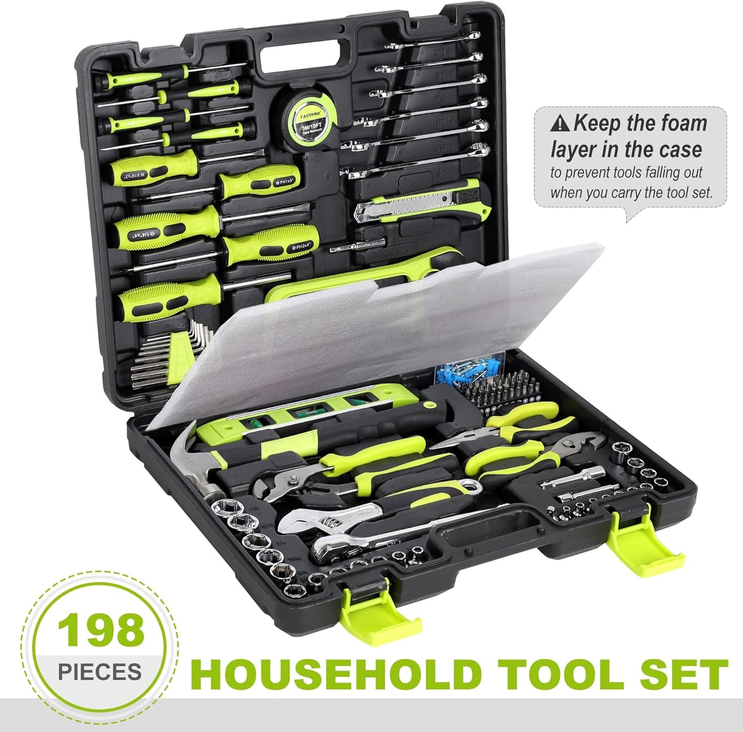 FASTPRO 198-Piece Household Tool Set, Home Repairing Tool Set with Toolbox, SAE Mechanics Hand Tool Kit for DIY, Home Maintenance, Green