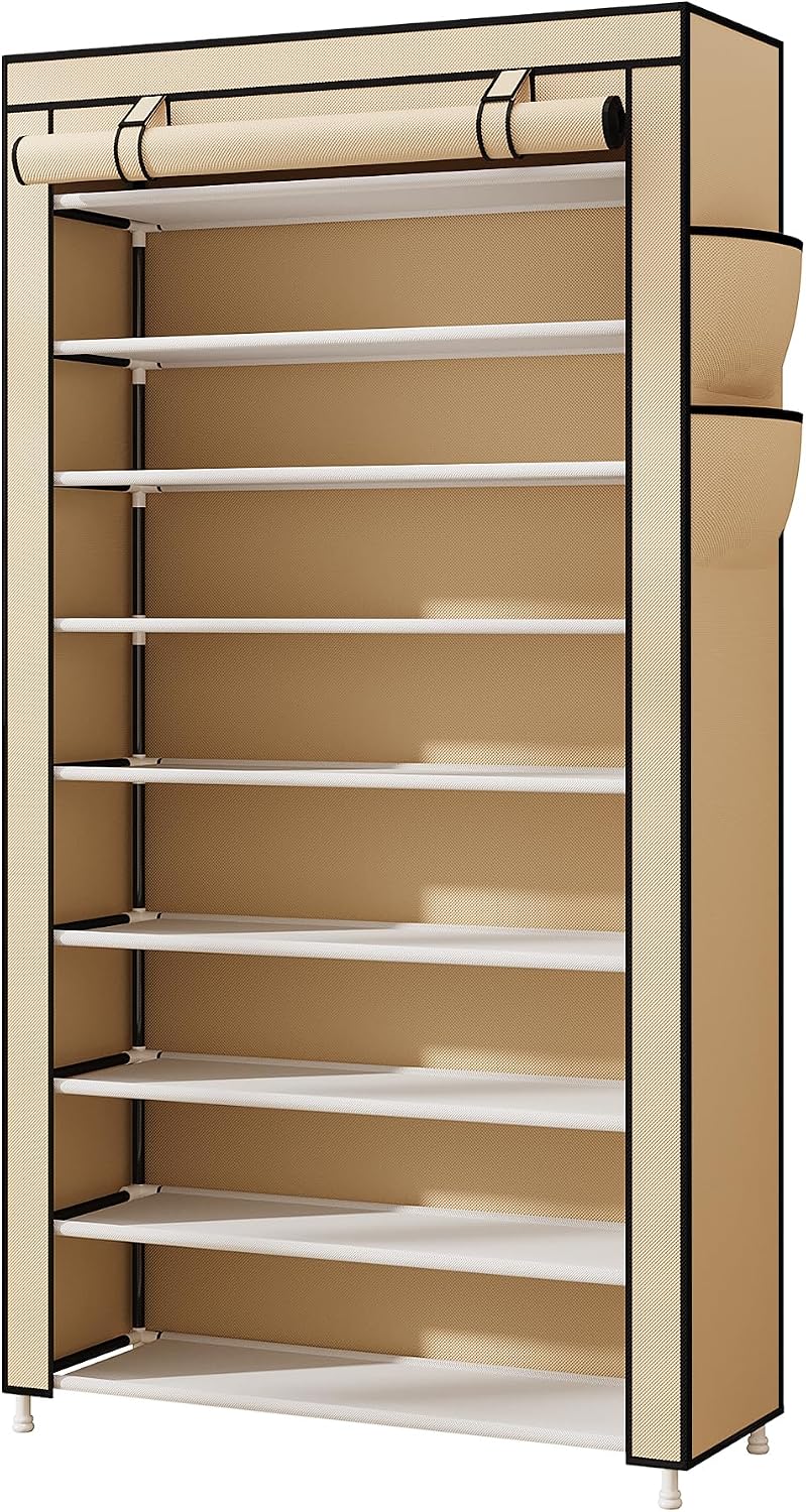 Laiensia 9-Tier Vertical Shoe Rack Organizer, Space Saving Shoe Storage Organizer, Non-Woven Cover Shoe Shelf Holds 36-45 Pairs for Bedroom, Hallway, Closet Entryway, Black