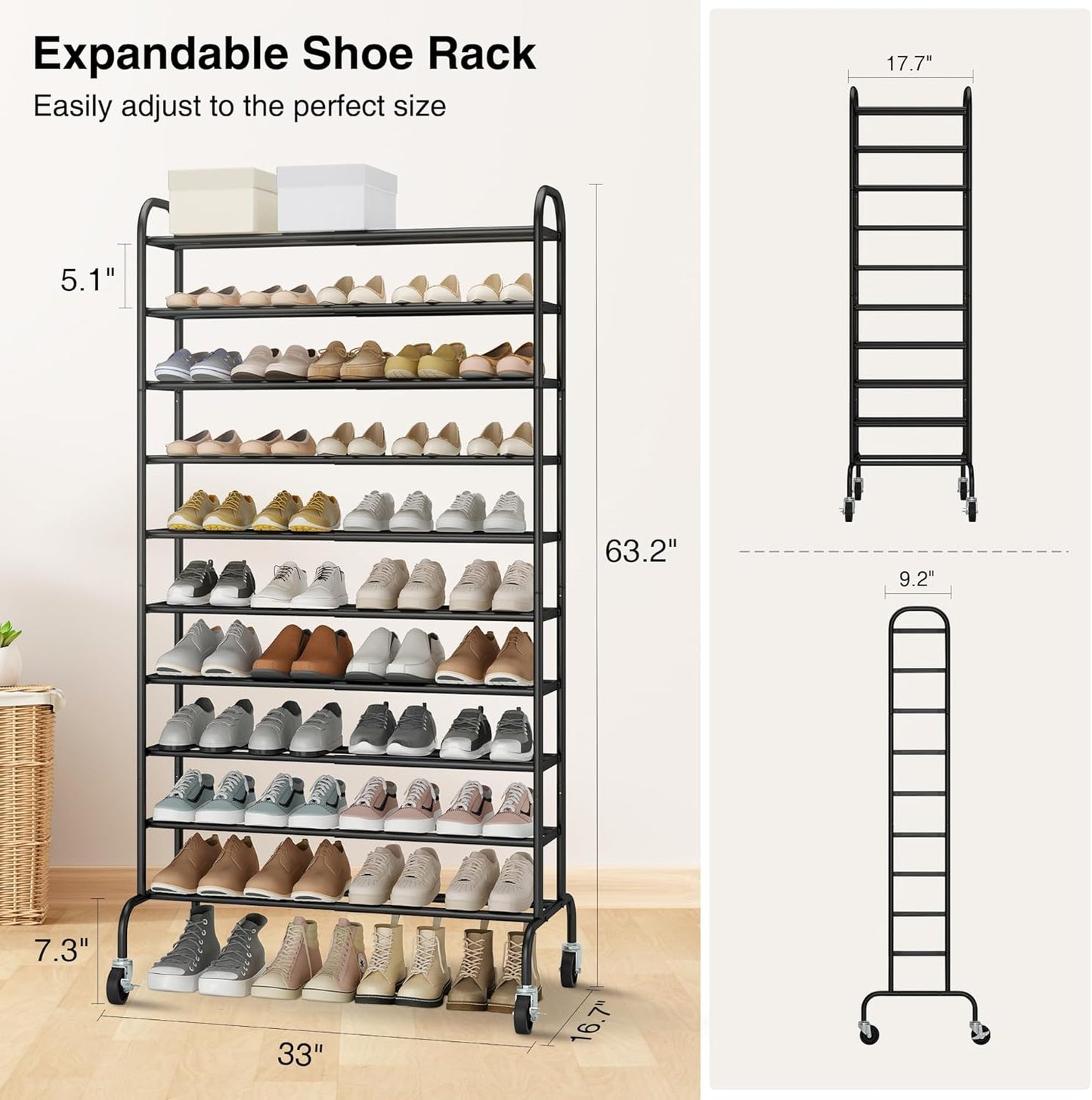 STO STO Expandable Shoe Rack, 3-Tier Metal Small Shoe Rack for Closet, Up to 16 Pairs Adjustable Shoes Racks Storage for Front Door Entrance, Free Standing Shoes Rack Organizer for Entryway, Black