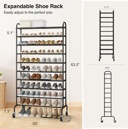 STO STO Expandable Shoe Rack, 3-Tier Metal Small Shoe Rack for Closet, Up to 16 Pairs Adjustable Shoes Racks Storage for Front Door Entrance, Free Standing Shoes Rack Organizer for Entryway, Black