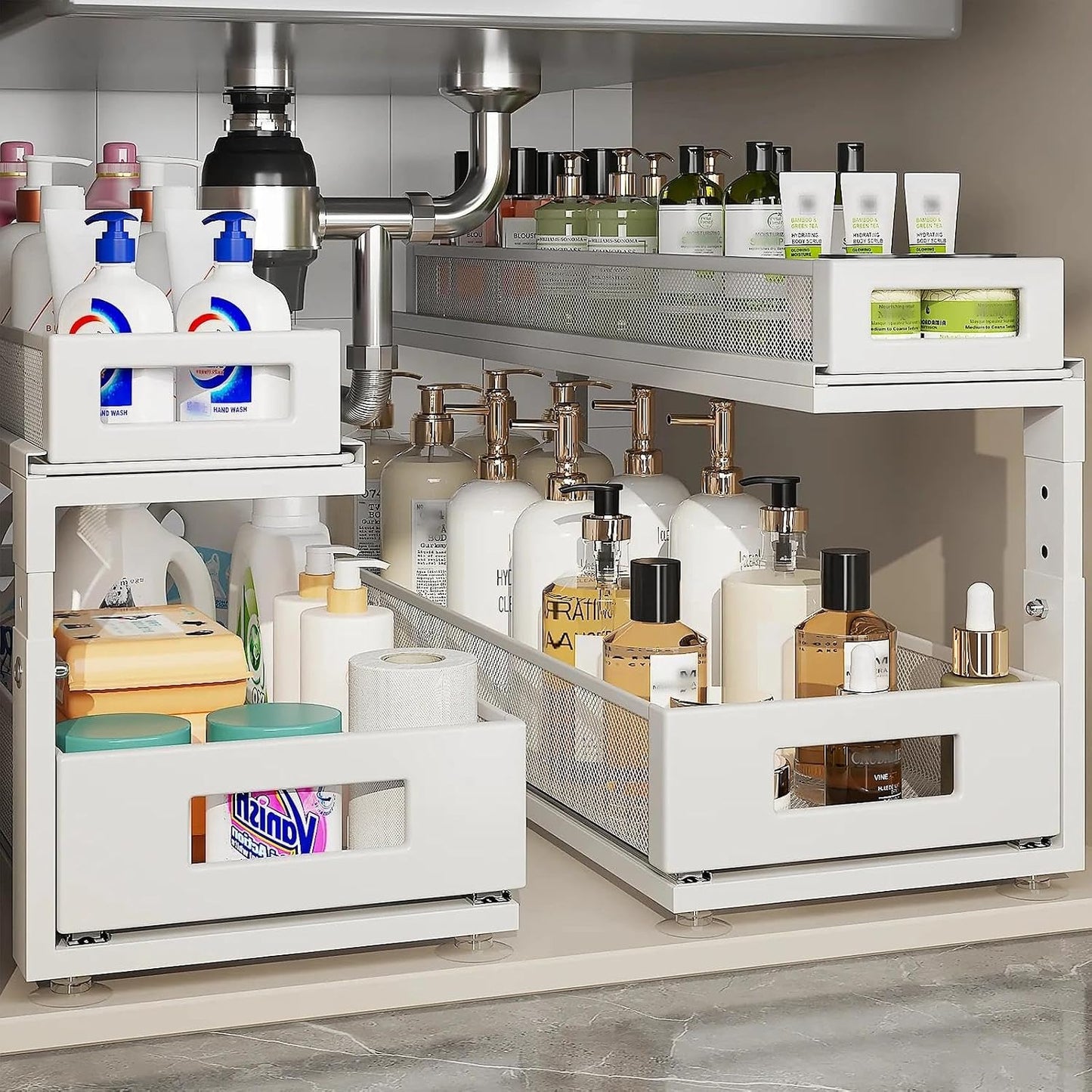 2 Pack Under Sink Organizer with Next-Gen Ball-Bearing Slides,2-Tier Pull Out Cabinet Storage,Height Adjustable Drawer Shelf for Bathroom,Kitchen,Laundry,Cabinet,Pantry(Patent Pending)