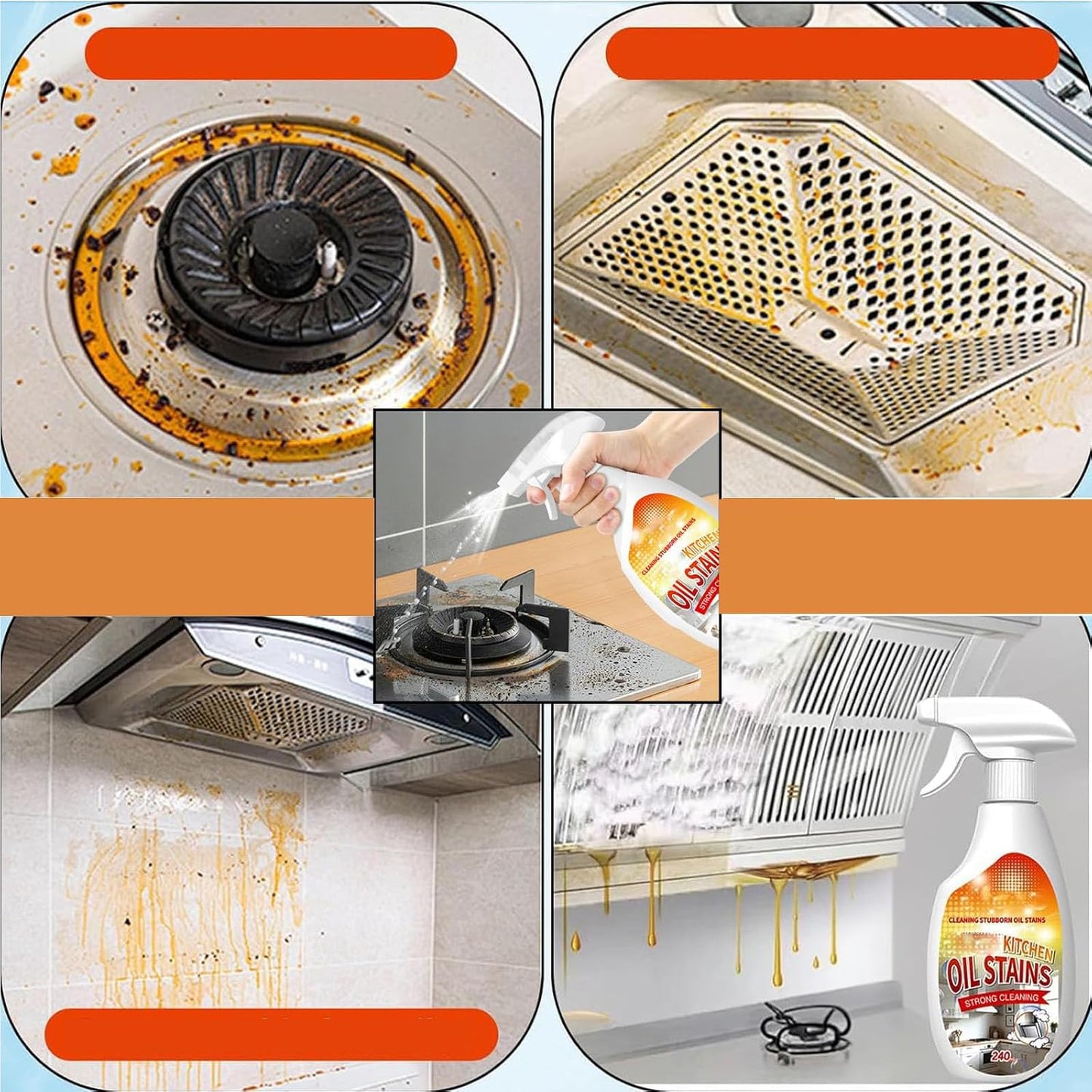 Clean Up Kitchen Oil Stains Spray, FIELL Oil Stains Clean Up Kitchen, Heavy Oils Stain Cleaner Kitchens, Degreaser Cleaning Heavy Duty, Multi Functiona Foam Cleaning Spray, 240ML/8.45OZ (2PC)