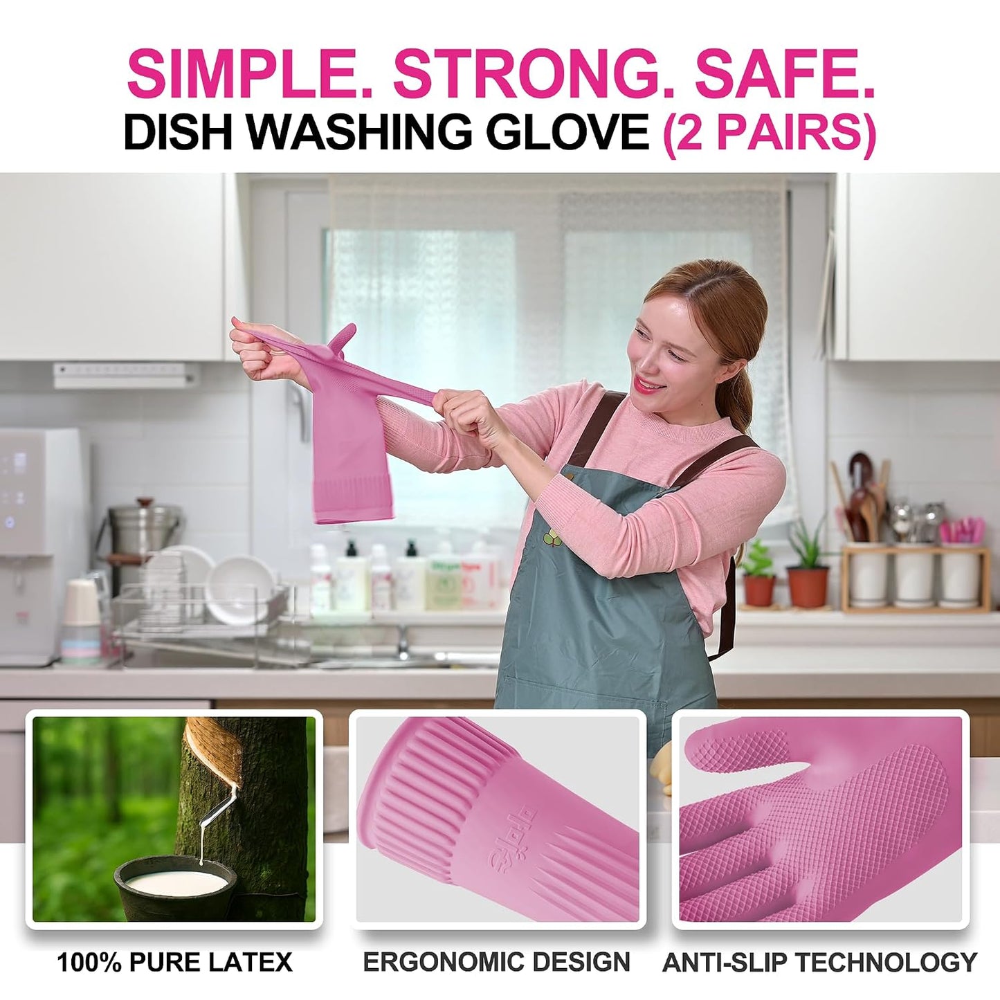 DABOGOSA Mamison 2 Pairs Reusable Waterproof Household Dishwashing Cleaning Rubber Gloves, Non-Slip Kitchen Glove (Pink, Medium (Pack of 2))
