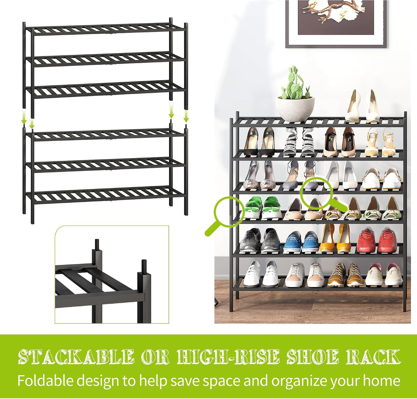 BMOSU 2-Tier Bamboo Small Shoe Rack Premium Stackable Shoe Shelf Storage Organizer for Hallway Closet Living Room Entryway Organizer (Black Bamboo)