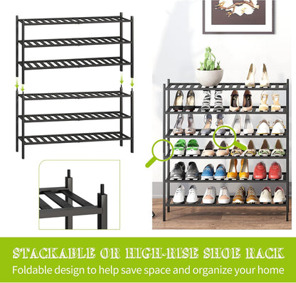 BMOSU 2-Tier Bamboo Small Shoe Rack Premium Stackable Shoe Shelf Storage Organizer for Hallway Closet Living Room Entryway Organizer (Black Bamboo)