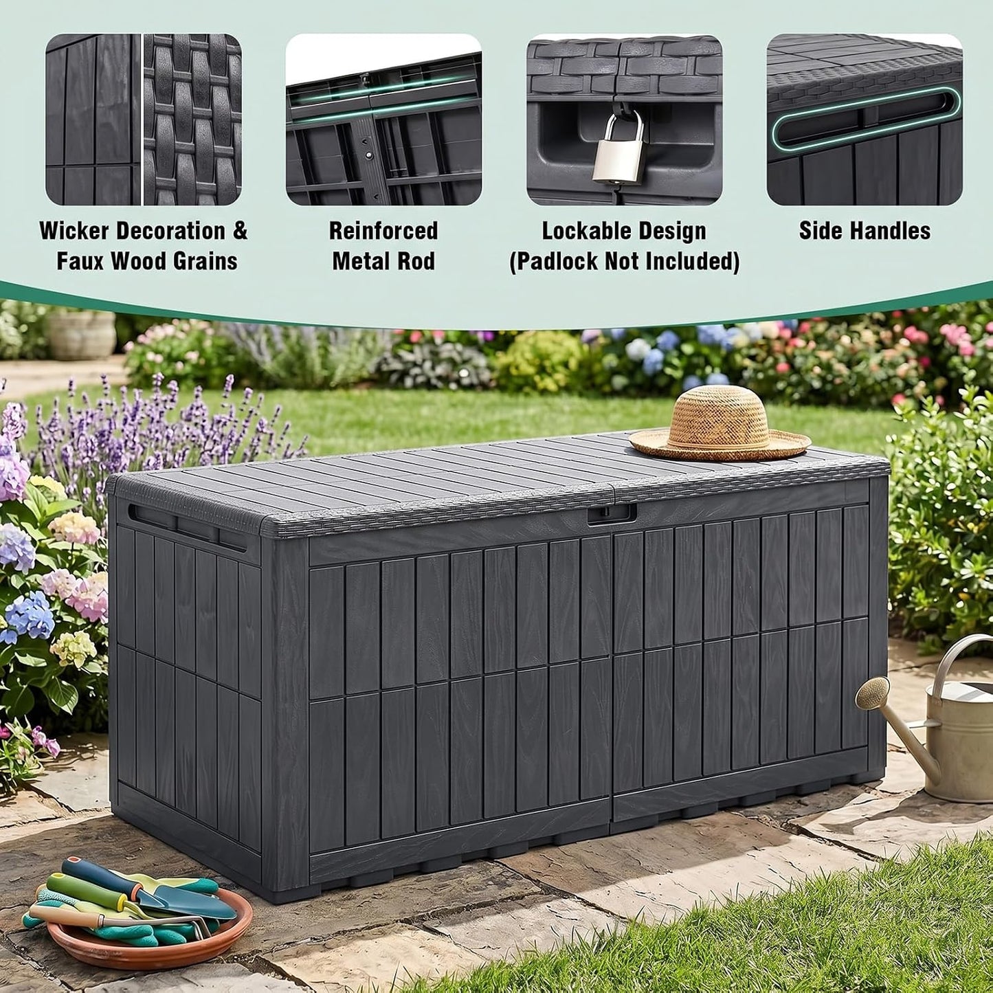Tangkula 25 Gallon Waterproof Outdoor Storage Box with Lockable Lid | PP Resin, Wicker Patterned, Indoor Outdoor Use, Portable, Versatility, for Deck, Pool, Patio Cushions, Garden Tools