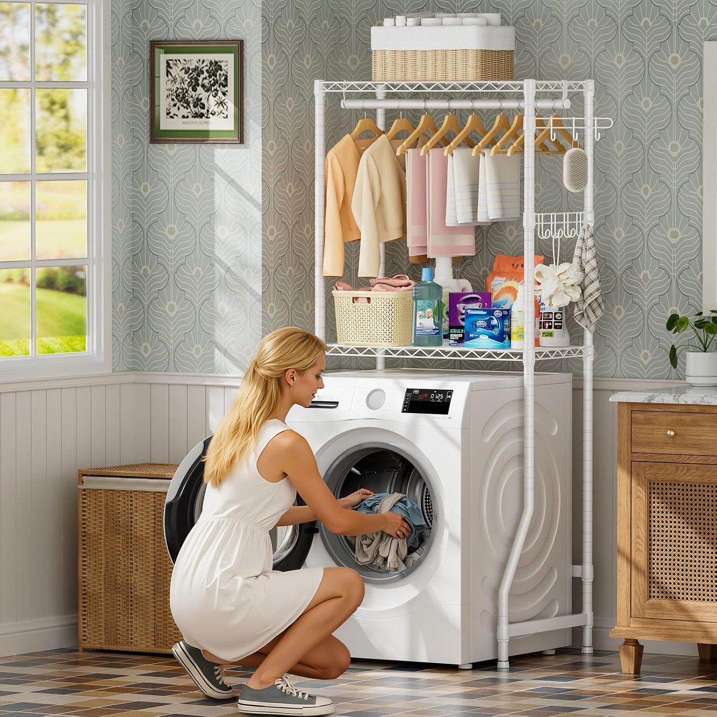 Golpart Over Washer and Dryer Shelves,Heavy Duty Laundry Room Storage Organization Clothes Drying Rack,5 Tier Adjustable Height Wire Shelving and Wire Basket with Hanger Rod&Hook,Space Saving Shelf