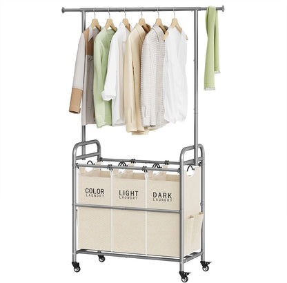Tajsoon Laundry Hamper with Hanging Rack, 3 Section Laundry Sorter with Heavy Duty Lockable Wheels, Laundry Basket Organizer for Dirty Clothes Storage, 3 Beige