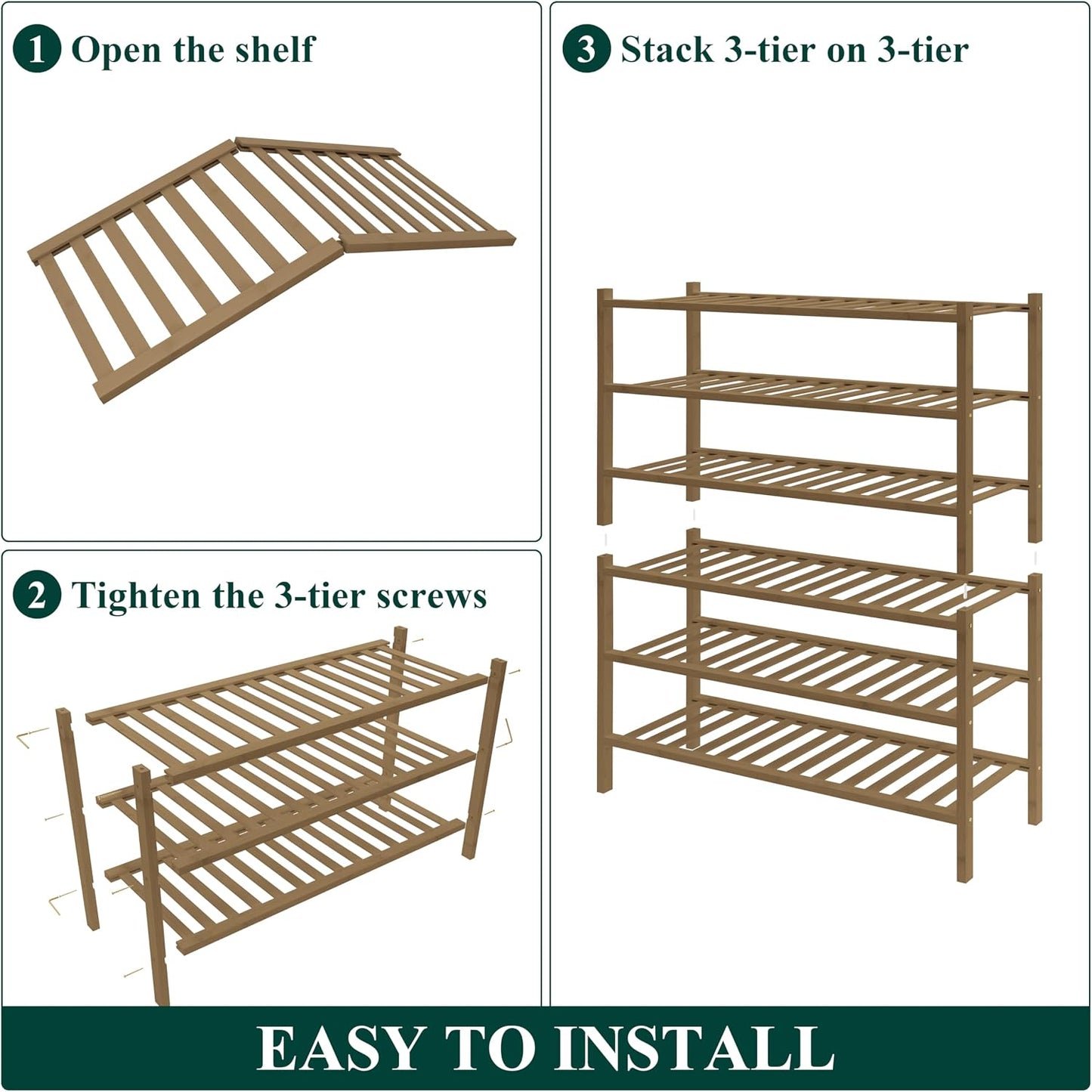 Smiry Bamboo Shoe Rack for Closet, 3 Tier Wooden Shoe Organizer, Stackable Wood Shoe Storage Shelf for Entryway, 14 Vertical Slats, One-piece Heavy-Duty Legs, 26.77"x11.02"x18.31", Natural