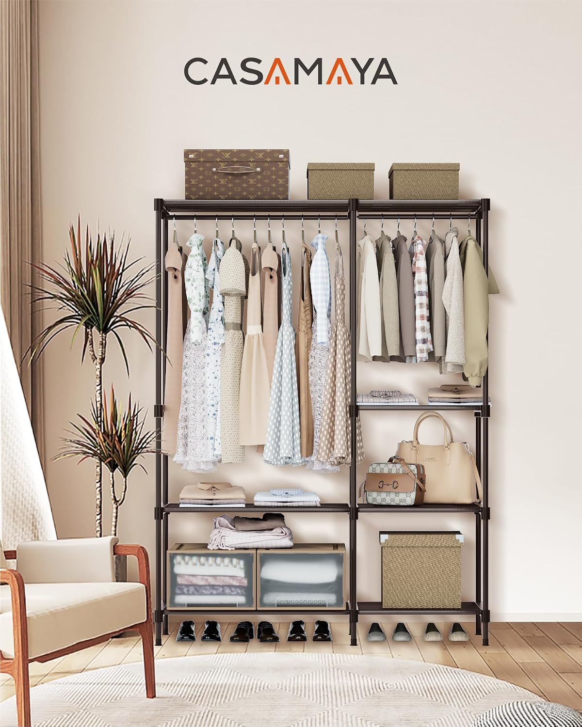 CASAMAYA Clothes Rack, Portable Closet, 80.7 Inch Extra Large Capacity Wardrobe Closet, Clothes Storage Organizer with Shelves and 5 Hanging Rods, Easy to Assembly, Black PCT036B01