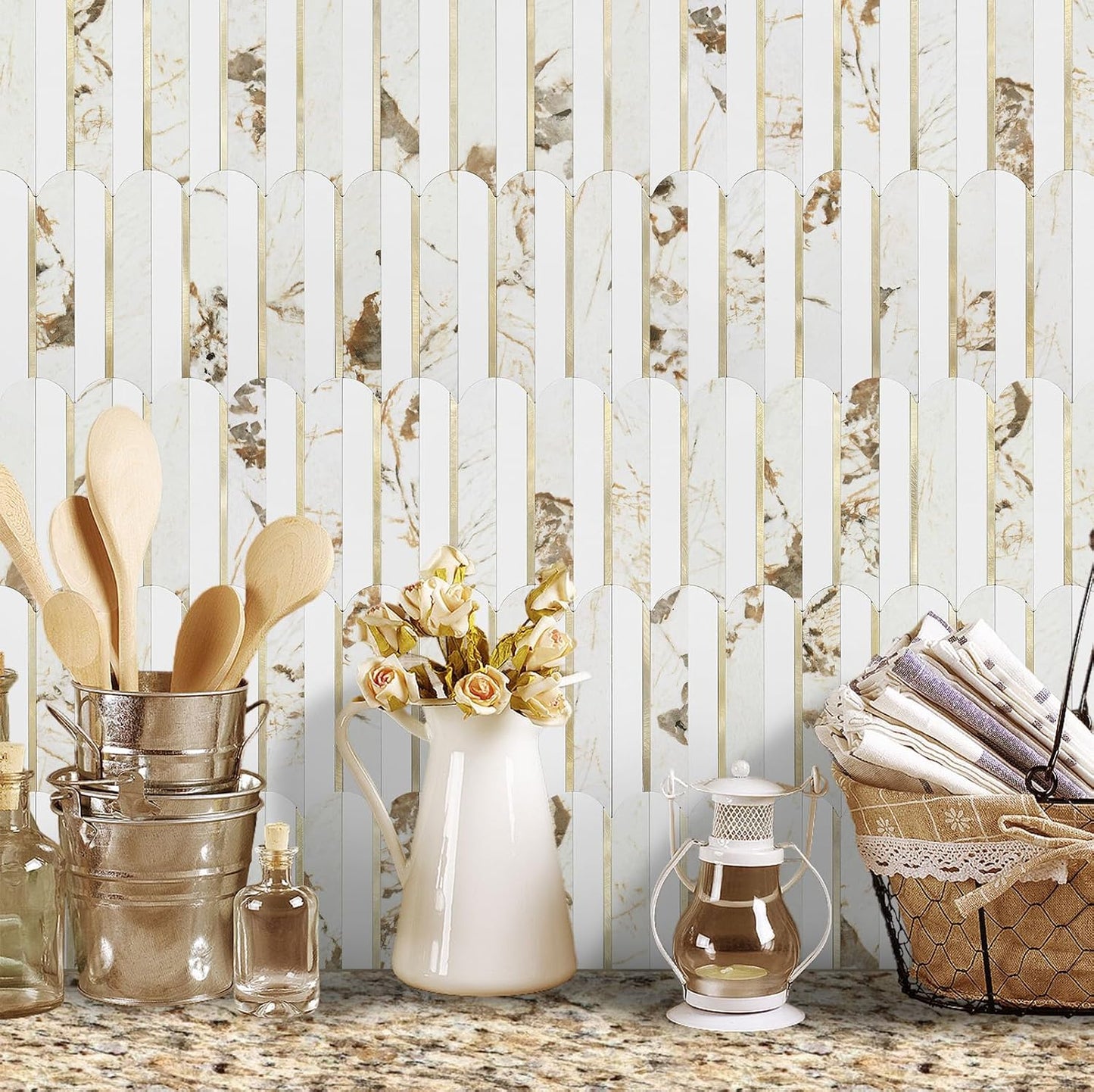 Vamos Peel and Stick Backsplash Seamless Tile for Kitchen and Bathroom,White and Beige Slate PVC Mixed Light Gold Self Adhesive Fish Scale Metal Mosaic Tiles (10 Sheets)