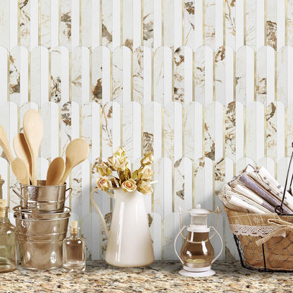 Vamos Peel and Stick Backsplash Seamless Tile for Kitchen and Bathroom,White and Beige Slate PVC Mixed Light Gold Self Adhesive Fish Scale Metal Mosaic Tiles (10 Sheets)