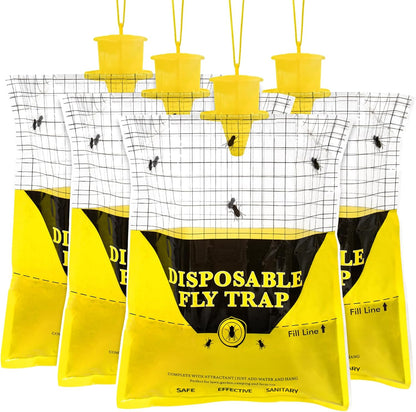 Outdoor Fly Traps for Patio, 4 Pack Pre-Baited Big Fly Bags Outdoor Disposable, Hanging Fly Catcher Hunter Stable Horse Ranch Control Repellent Killer for Barn, Farm