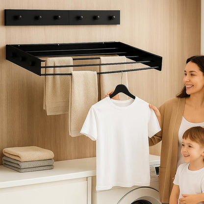Wall Mounted Drying Racks for Laundry (31.5 Inches Wide) – Retractable Clothes Drying Rack wall Mounted with Carbon Steel Panel 6 Knobs & 5 Aluminium rods, Wall Drying Rack with Screws (Black)