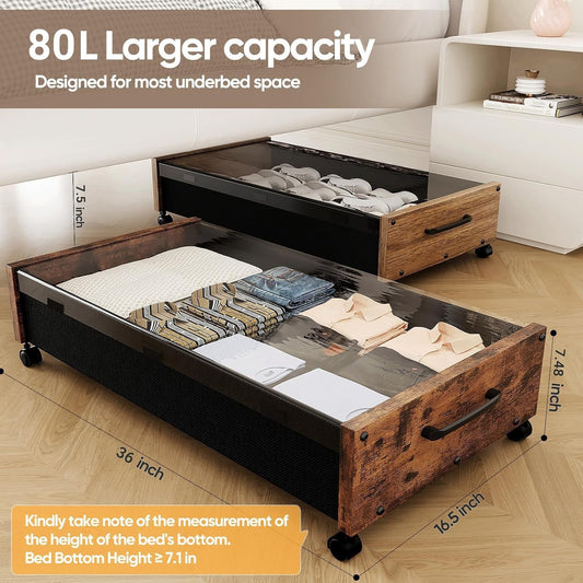 Under Bed Storage with Wheels, Wooden Under the Bed Storage with Remove Lid, Rolling Underbed Storage Drawers, Large Metal Storage Bins for Shoes Blankets Clothes Bedrooms Dorms (Vintage Brown-2pack)