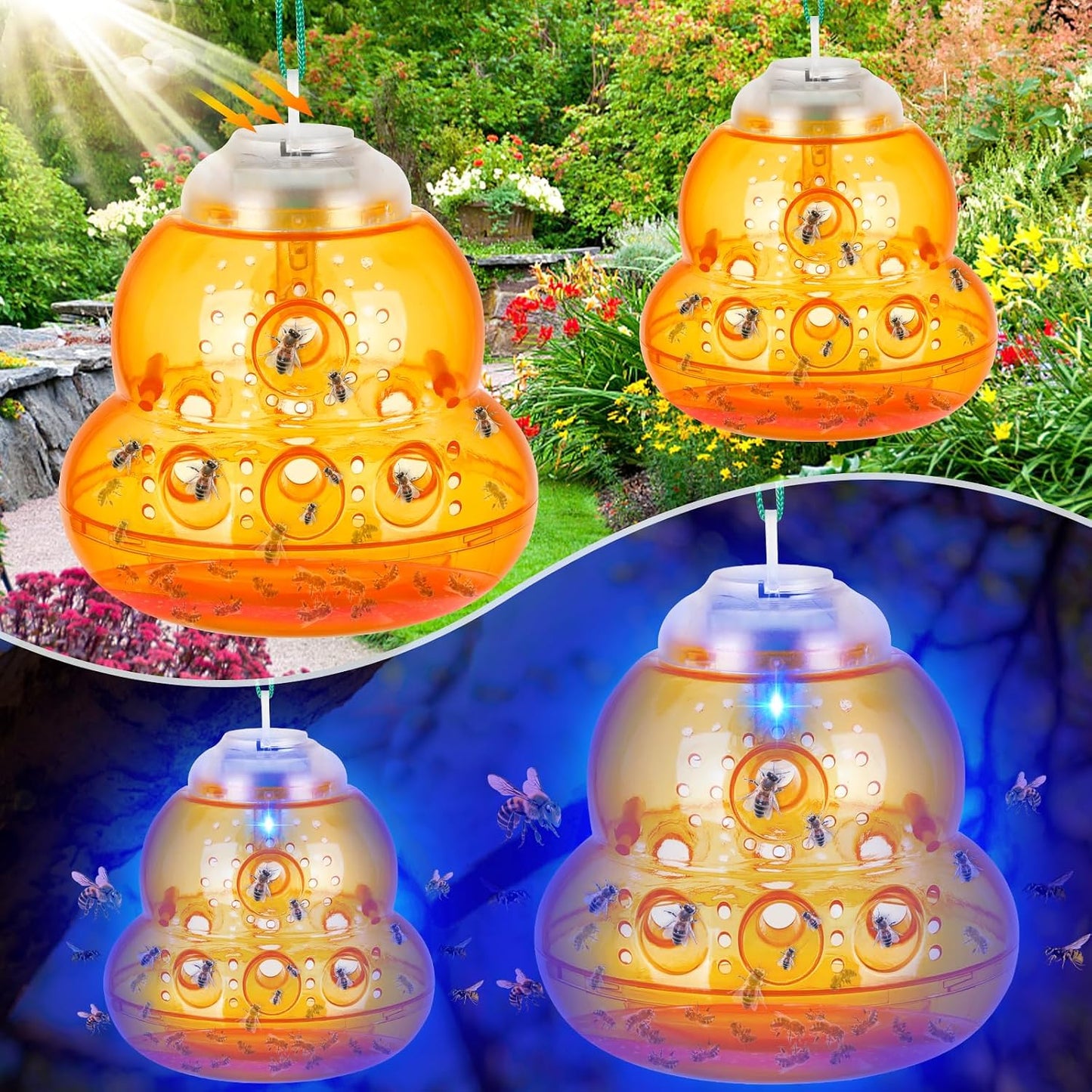 Solar Wasp Trap with Blue LED Light, Non-Toxic Reusable Hornet & Yellow Jacket Catcher, Outdoor Hanging Wasp Killer, 2 Pack - Amber