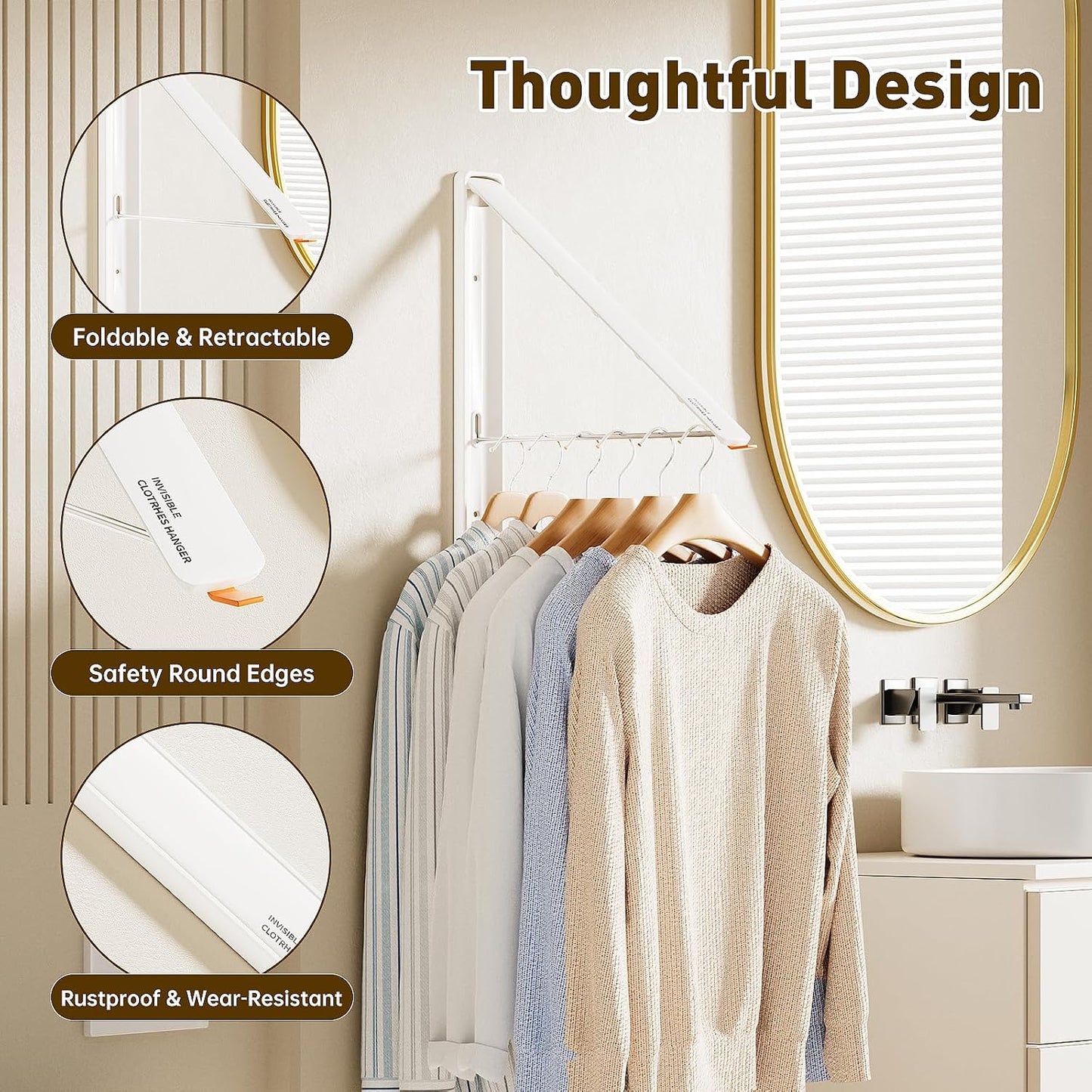 Clothes Drying Rack, Laundry Room Wall Mounted Retractable Clothes Hanger Drying Rack, Laundry Clothing Drying Rack Folding Indoor or Outdoor, Easy Installation Aluminium Dryer, 1pcs(White)