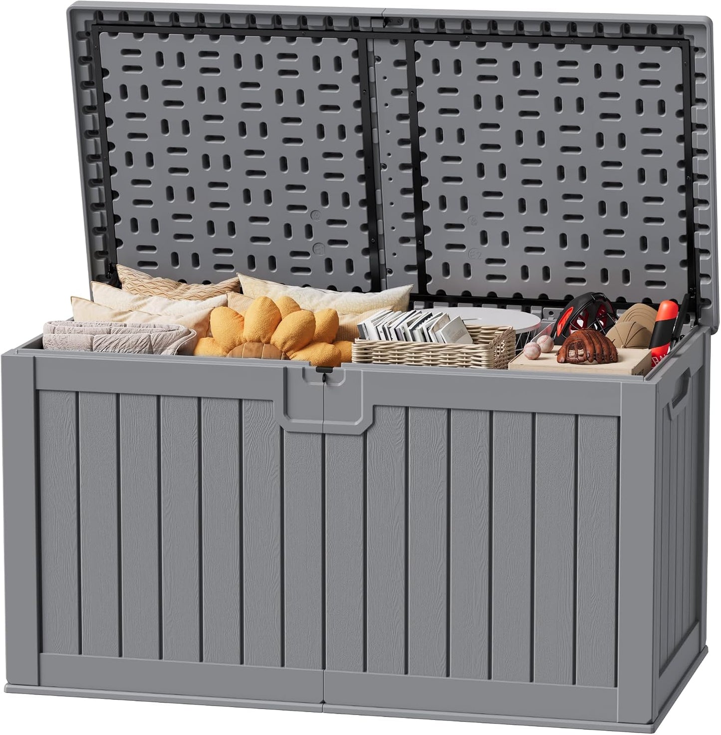 JUMMICO 31 Gallon Resin Deck Box Waterproof Indoor Outdoor Storage Boxes for Patio Furniture Cushions and Garden Tools (Brown)