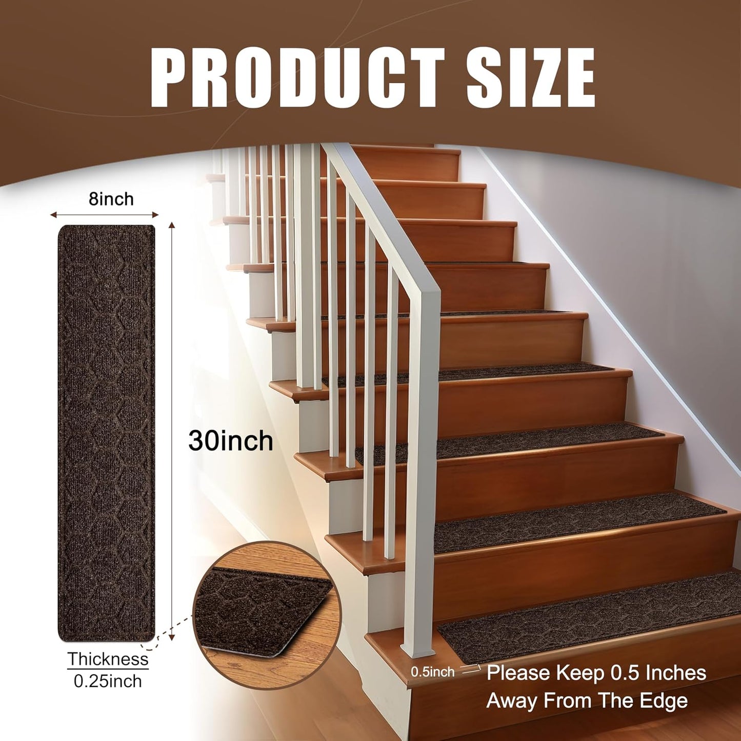 15 Pack 8 "X 30" Non-Slip Carpet Stair Treads for Indoor Wooden Steps, Made of Polyester and Reusable Adhesive, Suitable for Kids Elders and Pets（Black Lines）