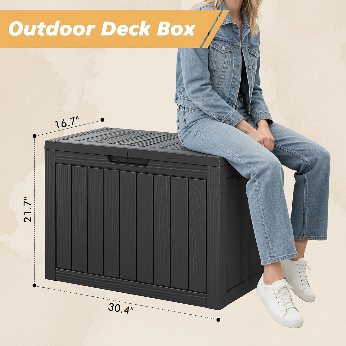 Fancyango 75 Gallon Outdoor Deck Box Waterproof, Large Storage Box for Patio, Resin Storage Bench Lockable for Garden Tools, Package Delivery, Black