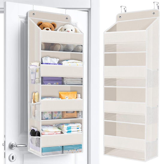 WISELIFE Over The Door Organizer Storage with 4 Large Pockets Door Hanging Organizer with Clear Windows behind The Door Storage for Nursery Bedroom Bathroom Pantry Closet and Baby Essentials Dark Grey