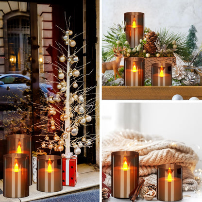 wemarry Flameless Candles 4" 5" 6" Acrylic Glass Pillars 3" Diameter Battery Operated Flickering Candles Include 8-Key Remote with Timer Function 400+ Hours (Amber, Warm Light 3 Pack)