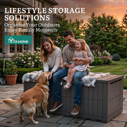 YITAHOME 134 Gallon Large Deck Box | Waterproof Resin Outdoor Storage Box with Lock, Doubles as 2-Person Bench Seating for Patio Furniture Cushions,Garden Tools &