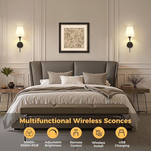 DORESshop Battery Operated Wall Sconce Set of 2, Wireless Wall Light Easy to Install, 15 Color Rechargeable Wall Sconces, Sconce Wall Decor Set of 2 for Bedroom, Living Room, Gold, 24.6in