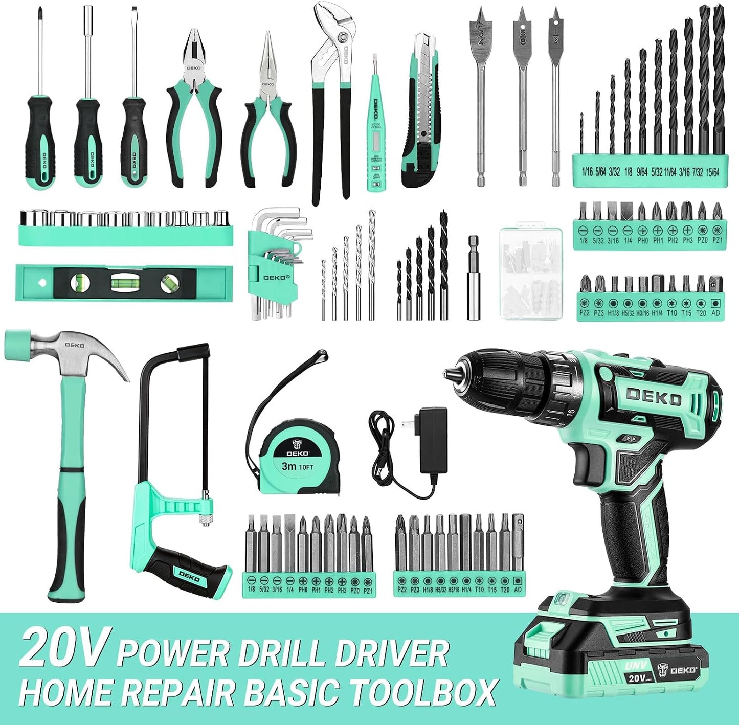 Cordless Drill Tool Kit Set: 20V Power Drill Tool Box with Battery Electric Drill Driver for Men Home Hand Repair Basic Toolbox Tools Sets Drills Case
